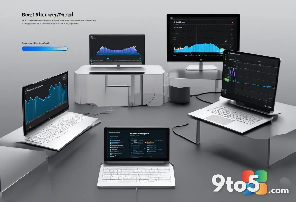 A minimalist infographic style image showing battery drain graphs comparing Intel and Apple silicon during office produc