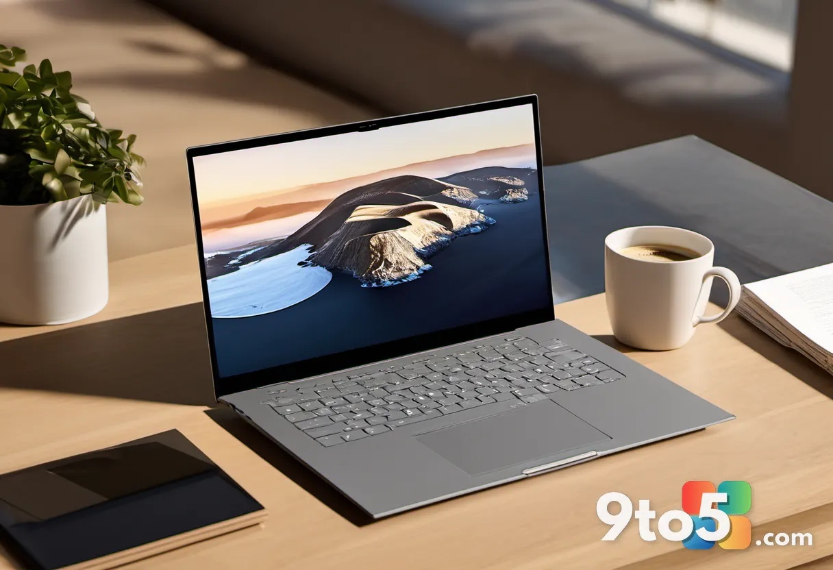 A clean product shot of a modern laptop open on a wooden desk with a coffee cup, displaying a Windows 11 desktop with mu