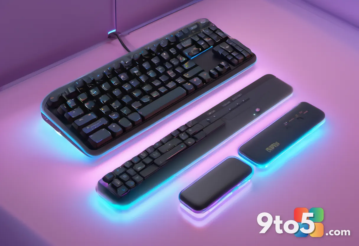 A top-down view of a compact wireless mechanical keyboard with a small OLED screen displaying battery status, surrounded