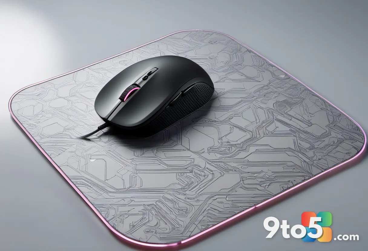A detailed view of a high-quality gaming mousepad with stitched edges and a subtle anime pattern, with a mouse resting o