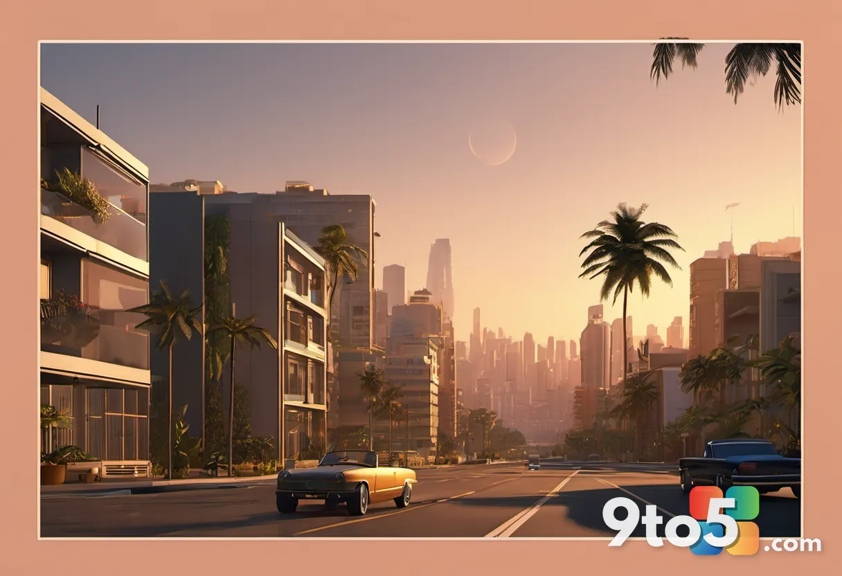 A cinematic wide shot of a sun-drenched tropical cityscape at golden hour, featuring palm trees, vintage convertibles, a