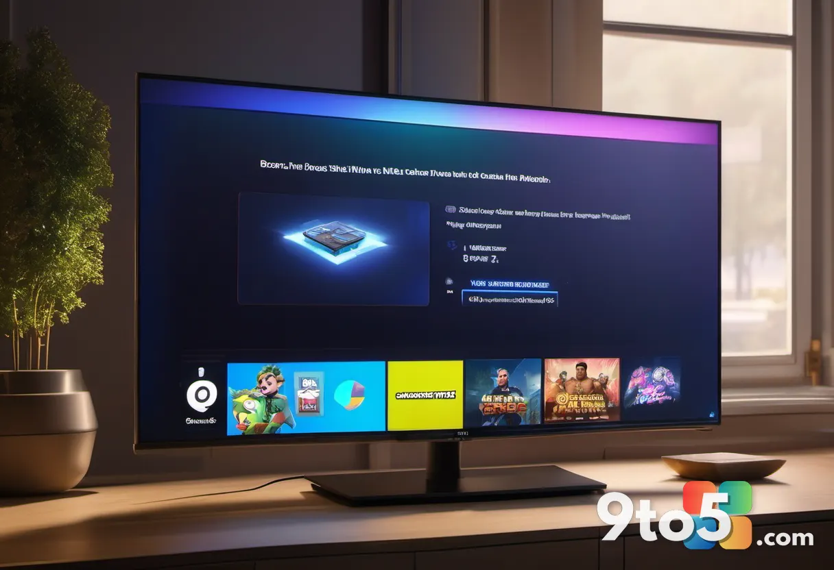 A close-up photograph of a modern television screen displaying a vibrant game menu, surrounded by a dimly lit living roo