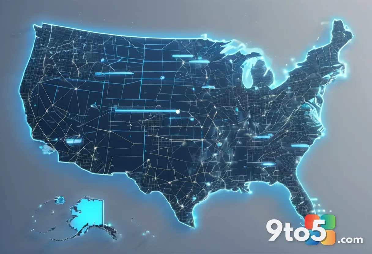A futuristic digital map of the United States with glowing nodes representing gaming households, connected by subtle lig