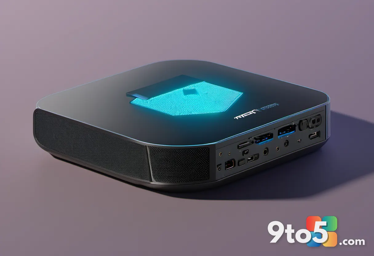 A sleek, minimalist rendering of a next-generation gaming console prototype with a glowing AMD logo and modern circuitry