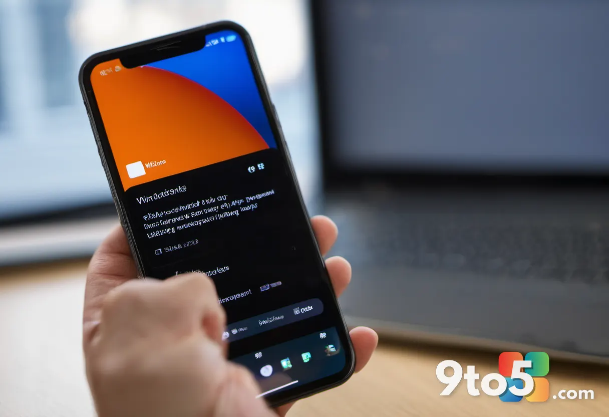 A close-up of a hand holding a smartphone displaying the Windows Insider app with a notification badge, set against a br