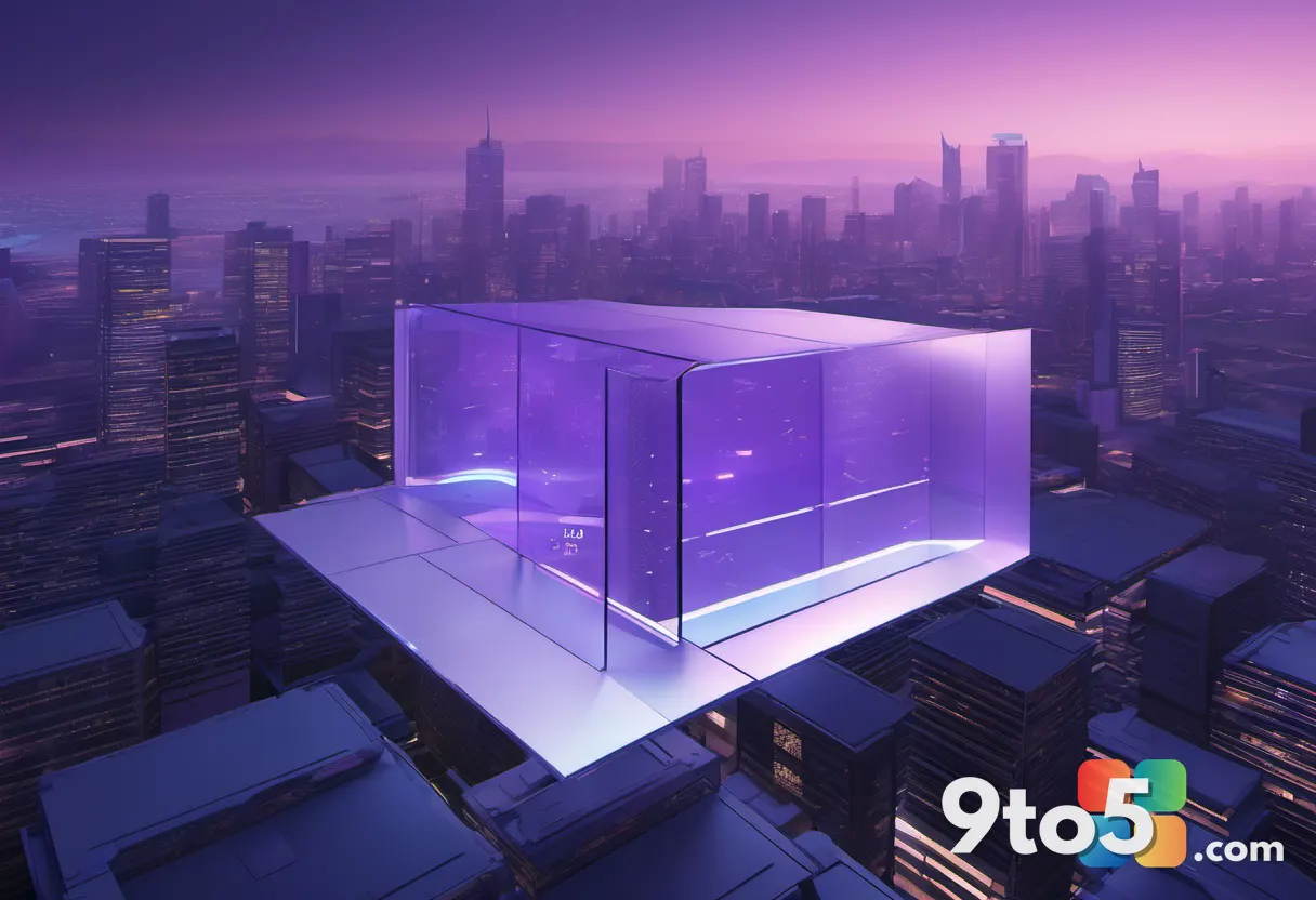 A futuristic digital illustration of a Windows logo floating above a sleek cityscape at dusk, with soft purple and blue 