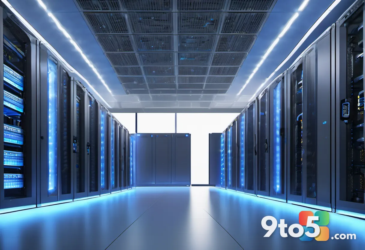 A close-up, photorealistic view of a modern server room with blue LED lights and neatly organized cables, representing e