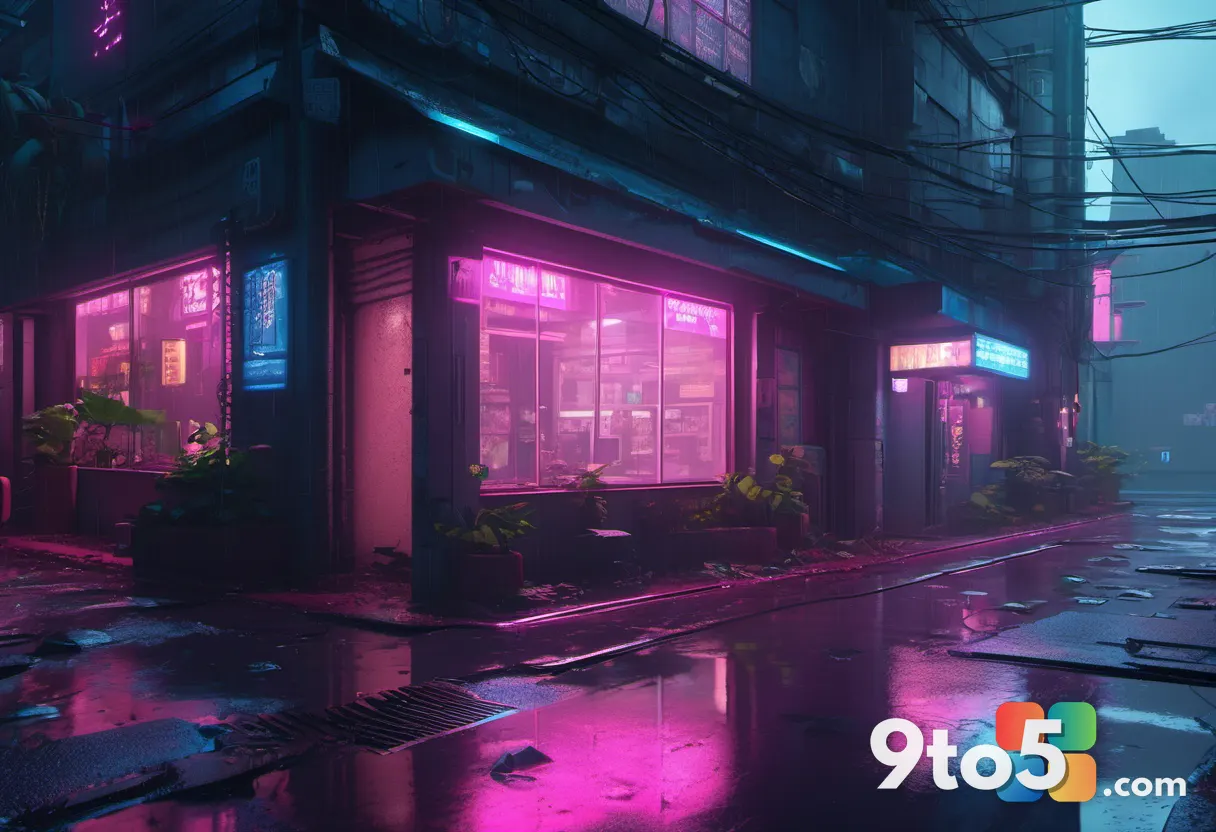 Rain-soaked cyberpunk alley at night, glowing shop signs reflected in puddles, dense foliage spilling over concrete wall