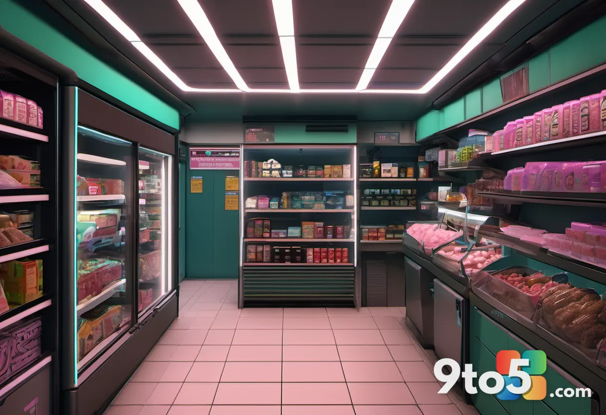 First-person view of a detailed cyberpunk convenience store interior, shelves of goods with readable labels, warm ambien