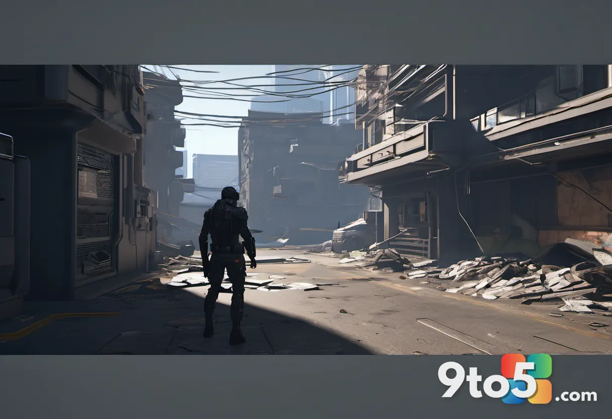 Split-screen style cyberpunk mission scene: one side a stealthy figure crouched in shadows, the other an explosive firef
