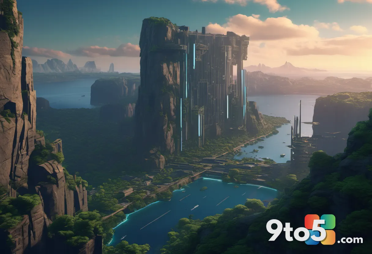 Vast cyberpunk metropolis carved into ocean cliffs at dusk, towering cliffs, creeping greenery, distant rival banners, c