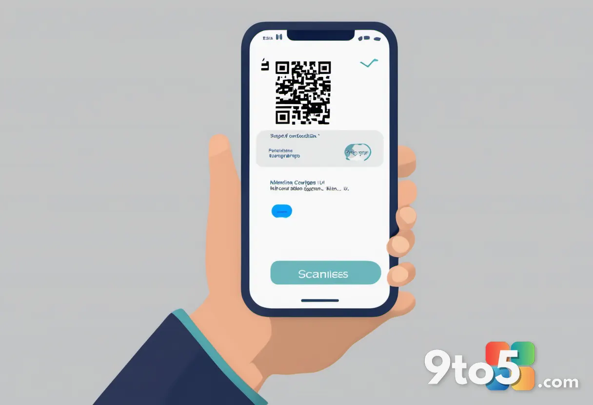 A hand holding a smartphone displaying a QR code, with a stylized digital arrow pointing from the code to a text documen