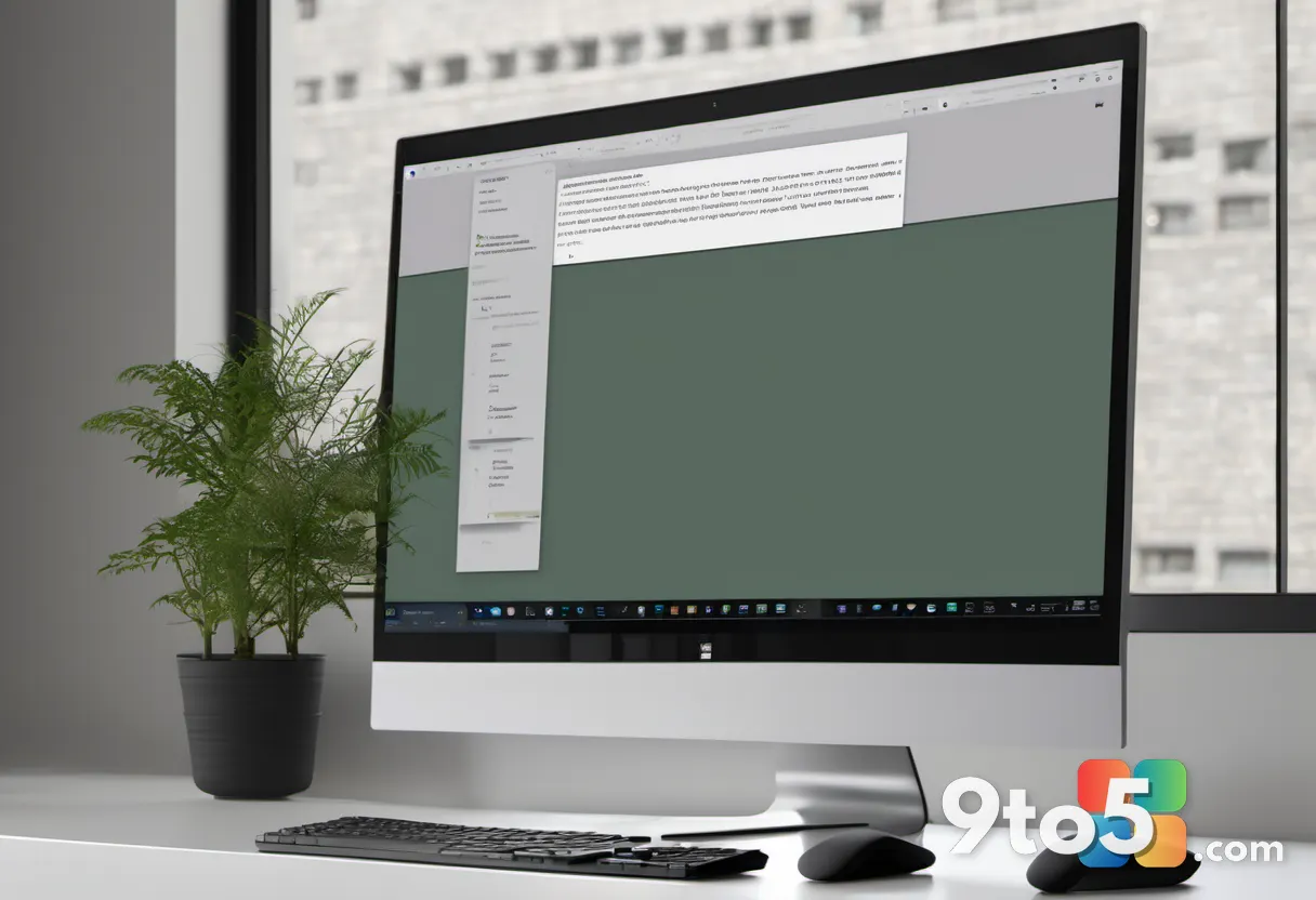 A minimalist desktop setup featuring a sleek monitor with a magnifying glass hovering over a paragraph of text, emphasiz