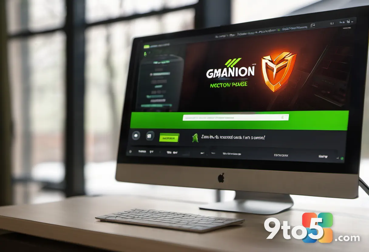 A close-up of a computer screen showing the GeForce NOW login page open in Mozilla Firefox, with a blurred background of