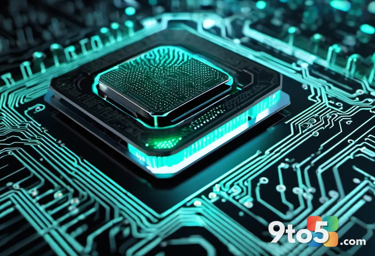 A single low-power GPU processor chip with intricate circuit patterns emitting soft teal light, macro photography on a d