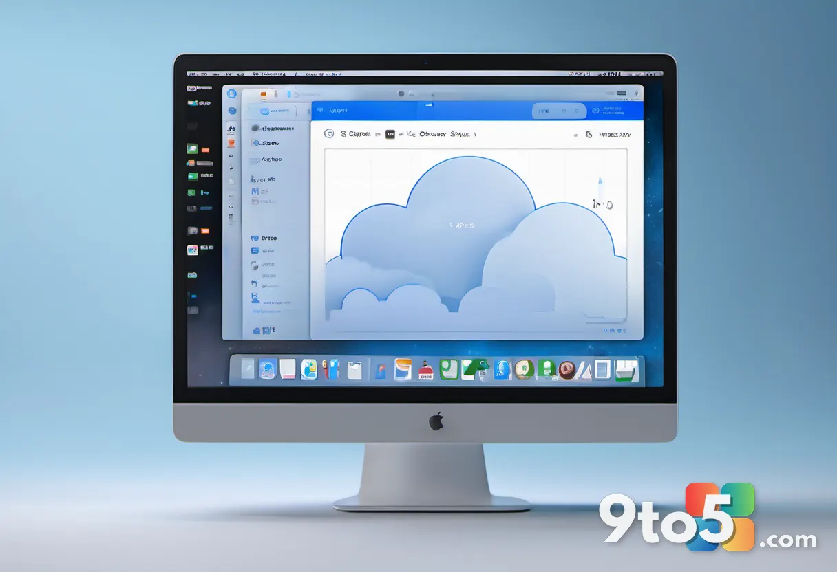 A close-up of a silver MacBook displaying a cloud sync interface with animated progress indicators, shallow depth of fie