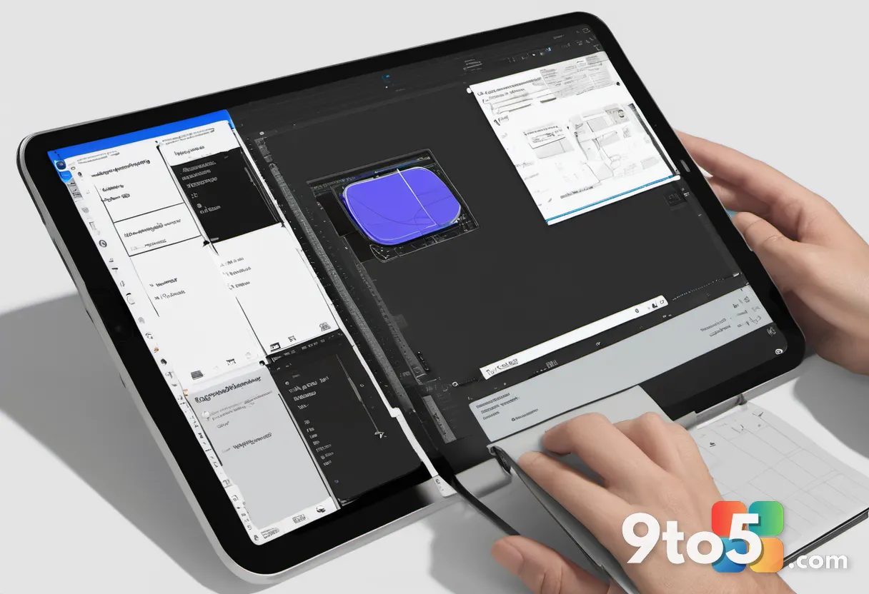 A hand using a stylus to write in a digital notebook on a tablet, with a sidebar showing organized sections and pages.