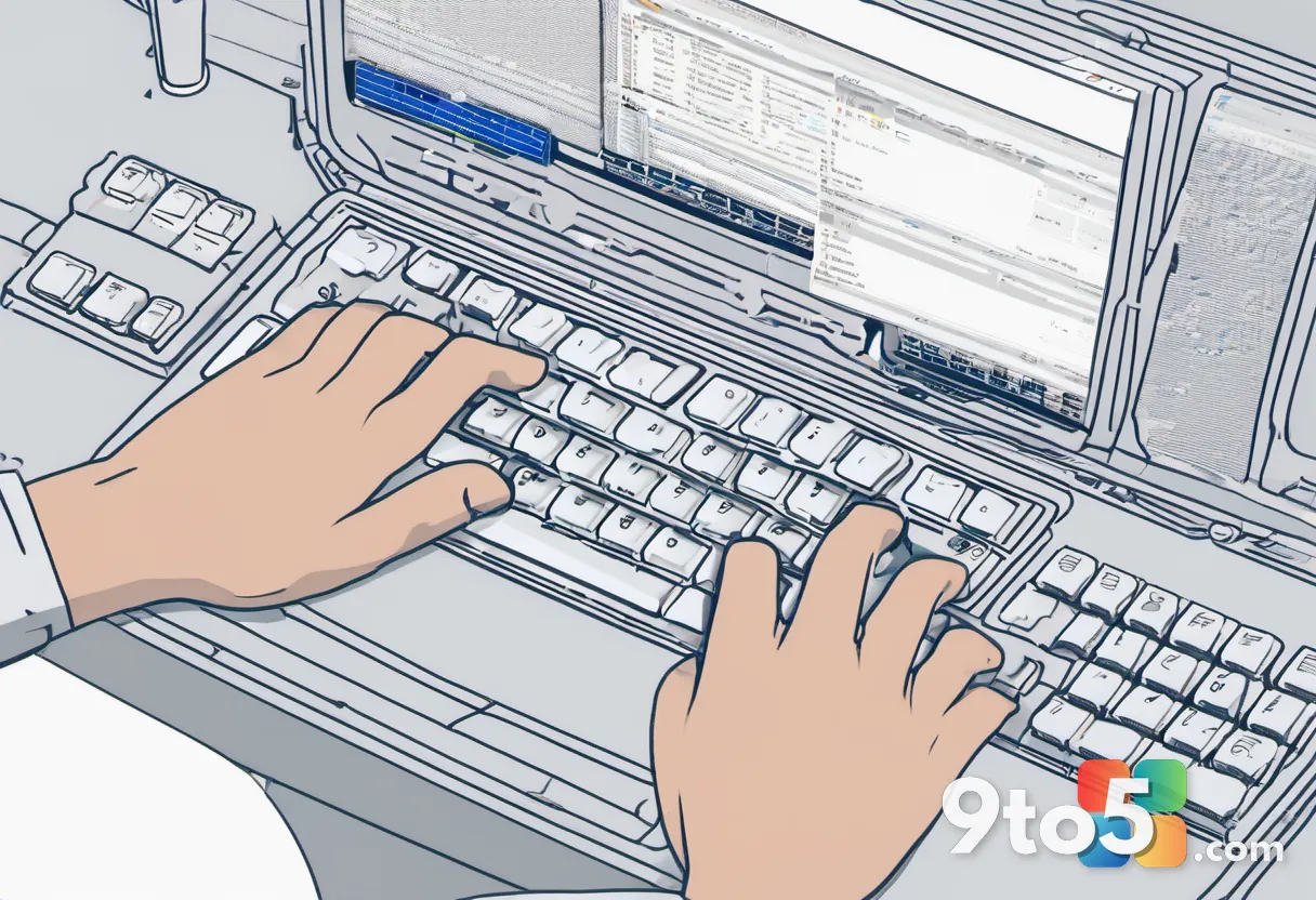 A close-up of a developer’s hands typing on a mechanical keyboard, with a dual monitor displaying lines of code and a te