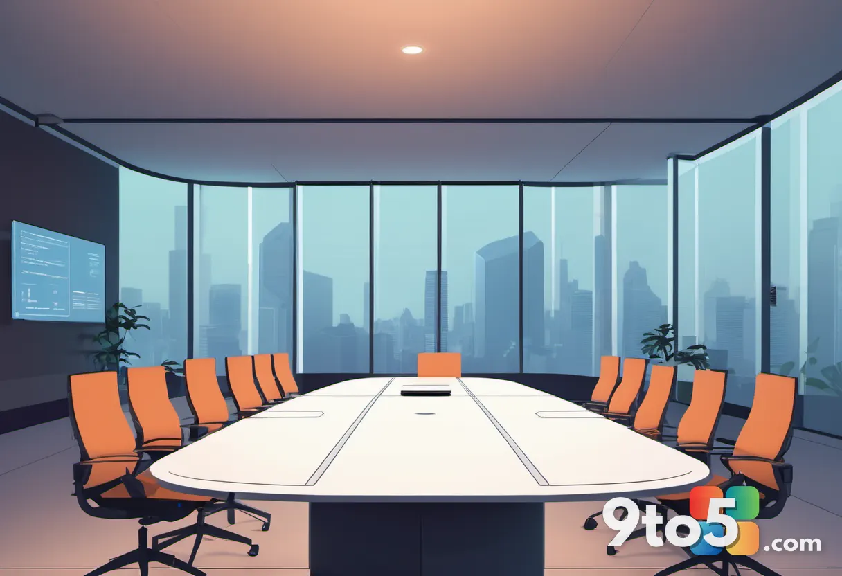 A minimalist illustration of a corporate boardroom table with a single glowing AI node at the center, surrounded by silh