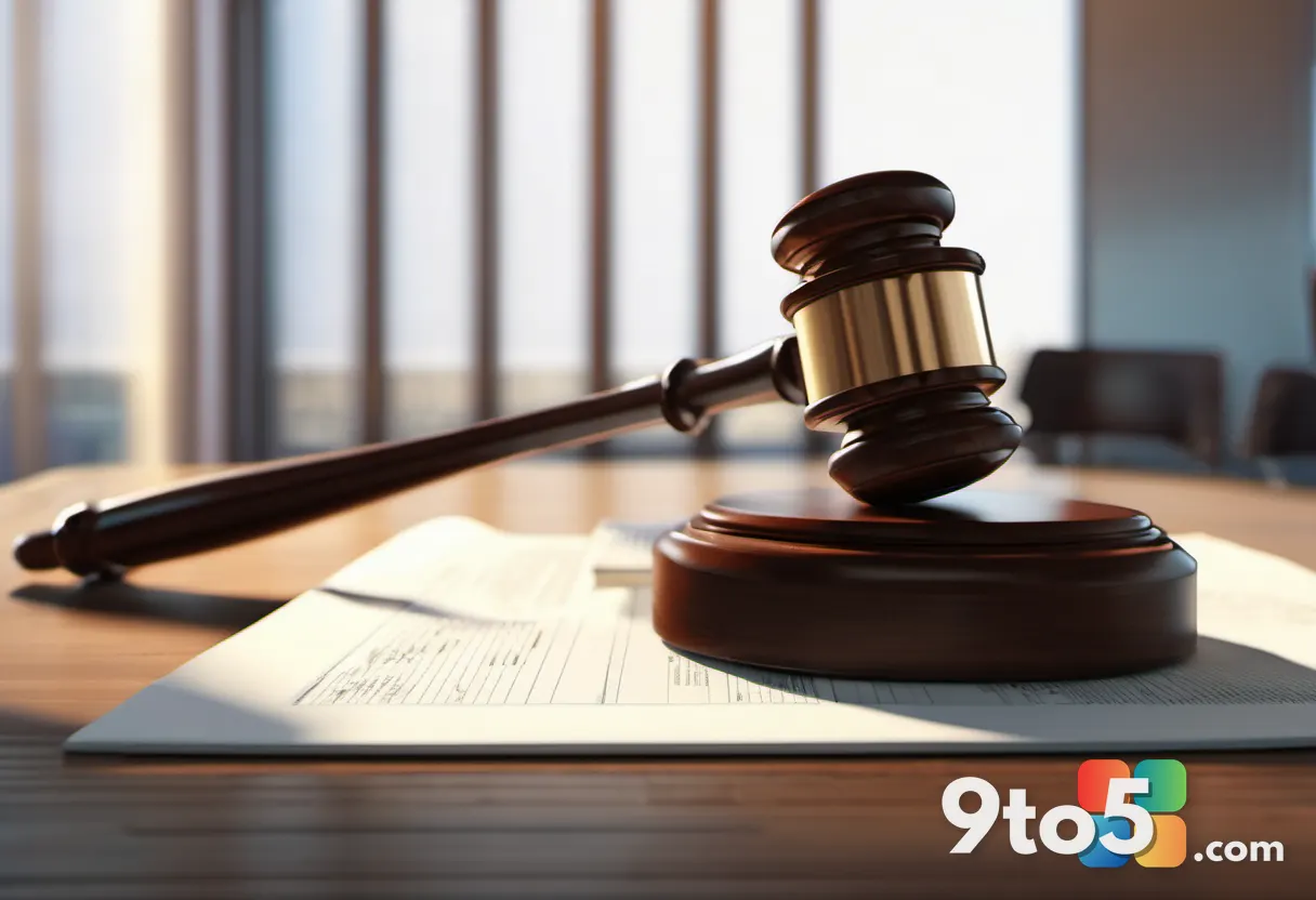 A close-up of a courtroom gavel resting on a wooden surface beside a stack of legal documents and a glowing tablet displ