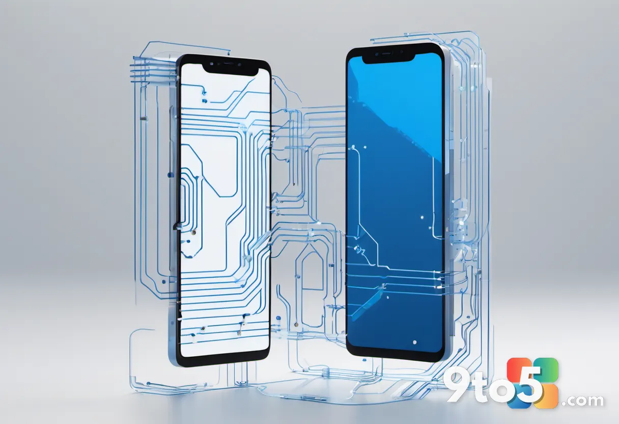A minimalist illustration of two overlapping silhouettes, one shaped like a smartphone and the other like a circuit boar