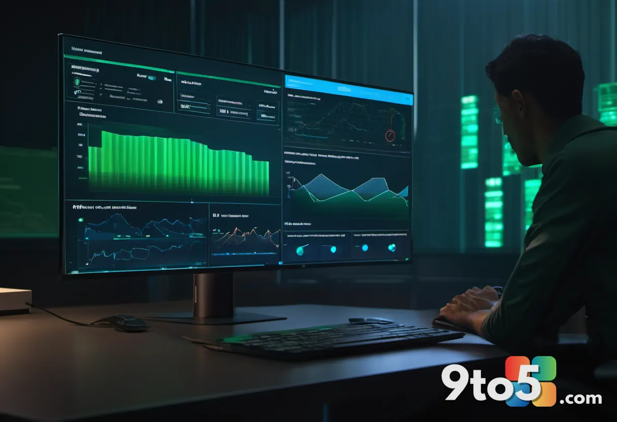 Over-the-shoulder photo of a person reviewing a glowing security dashboard on a laptop screen in a dimly lit room, with 