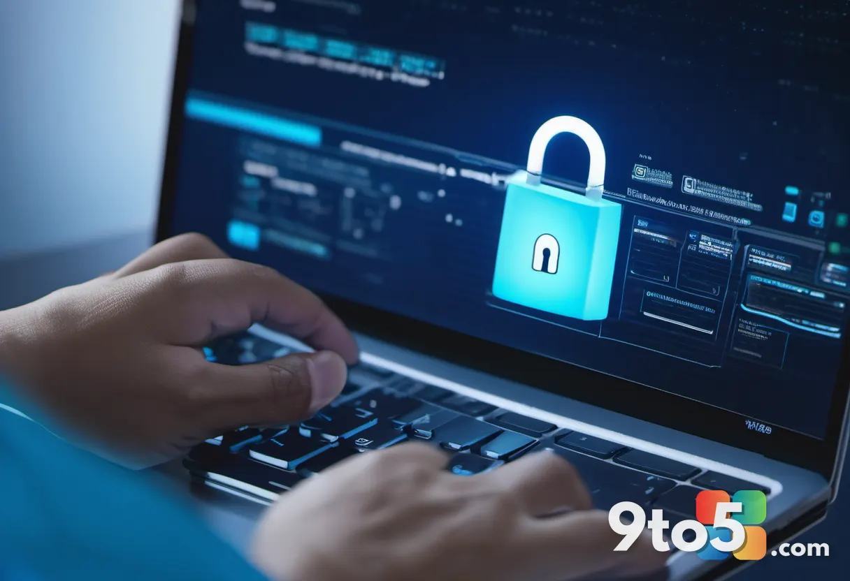 Close-up of a hand securing a padlock over a laptop keyboard, soft blue lighting, shallow depth of field, conveying pers