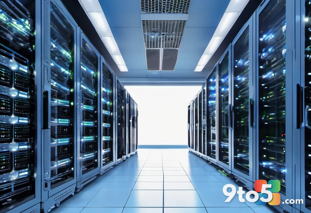A close-up photograph of a server rack in a data center, with blue LED lights blinking, symbolizing cloud computing and 
