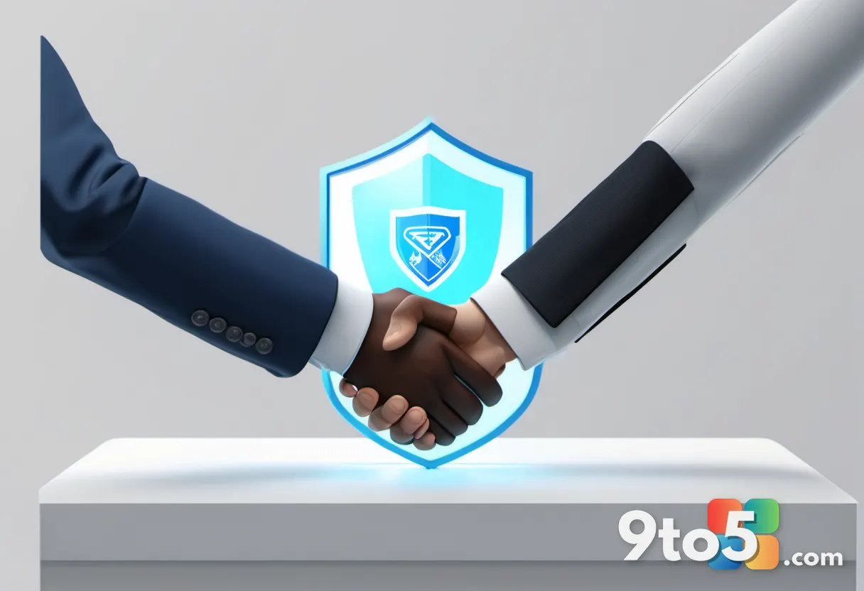 A conceptual image of a handshake between two digital avatars, one representing a corporation and the other a user, with