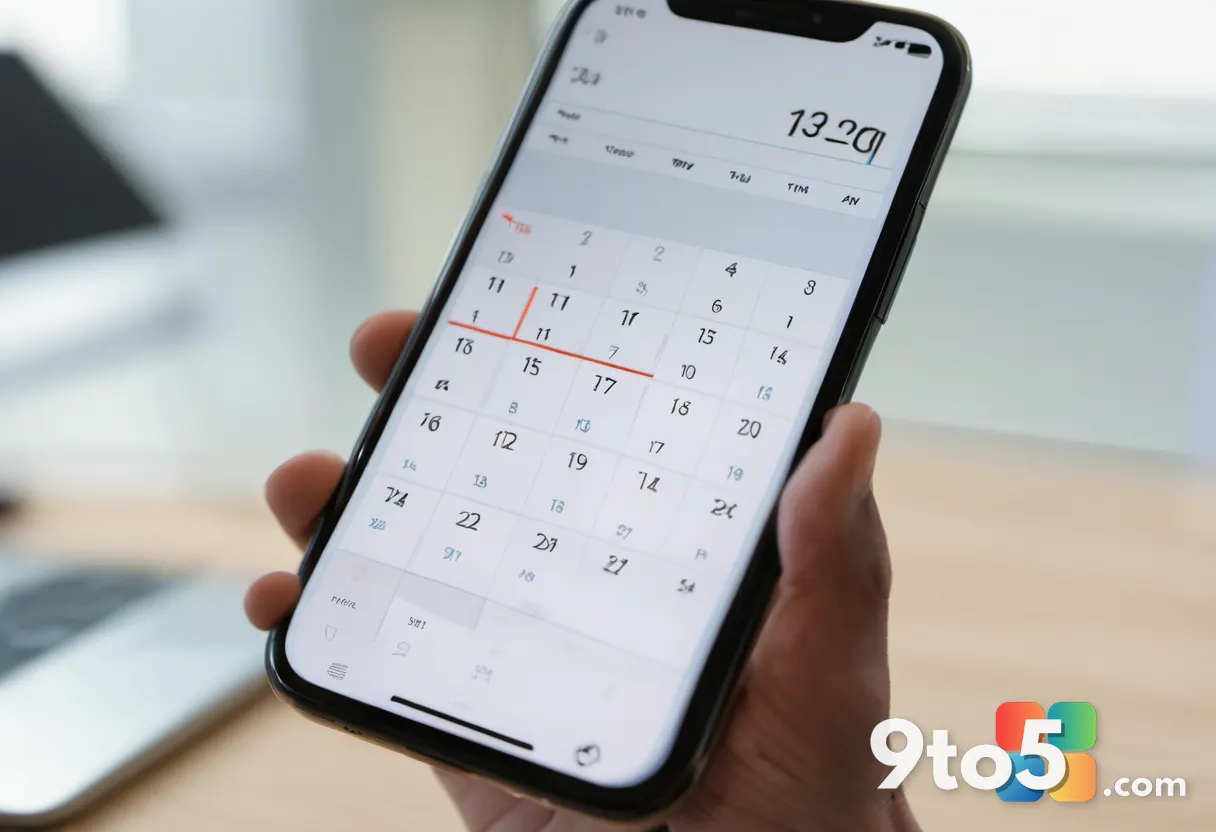 A close-up of a finger dragging a calendar event block on a smartphone touchscreen, with a blurred office background.