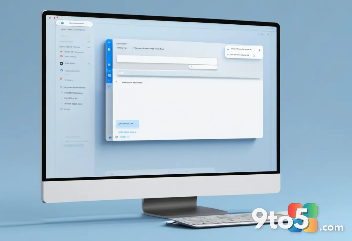 A minimalist illustration of a floating chat window hovering over a desktop email interface, with soft blue and white to