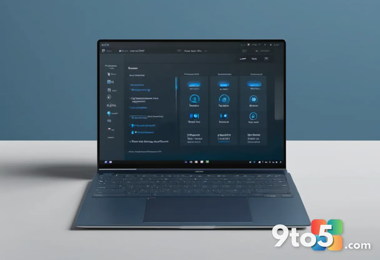 A minimalist laptop screen showing a settings menu with toggle switches and clean typography, viewed straight on, cool b
