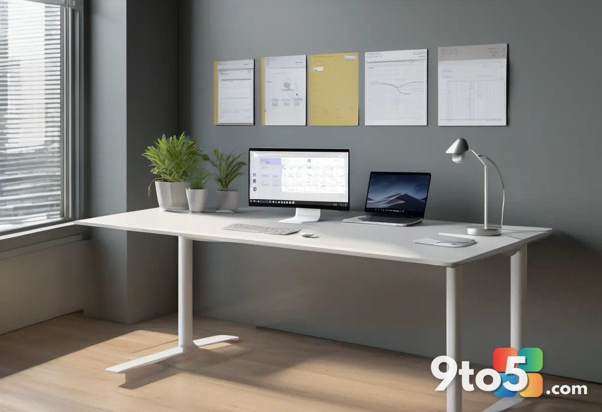 A modern office desk with a laptop displaying the Outlook Classic ribbon menu, highlighting the new Copilot button integ