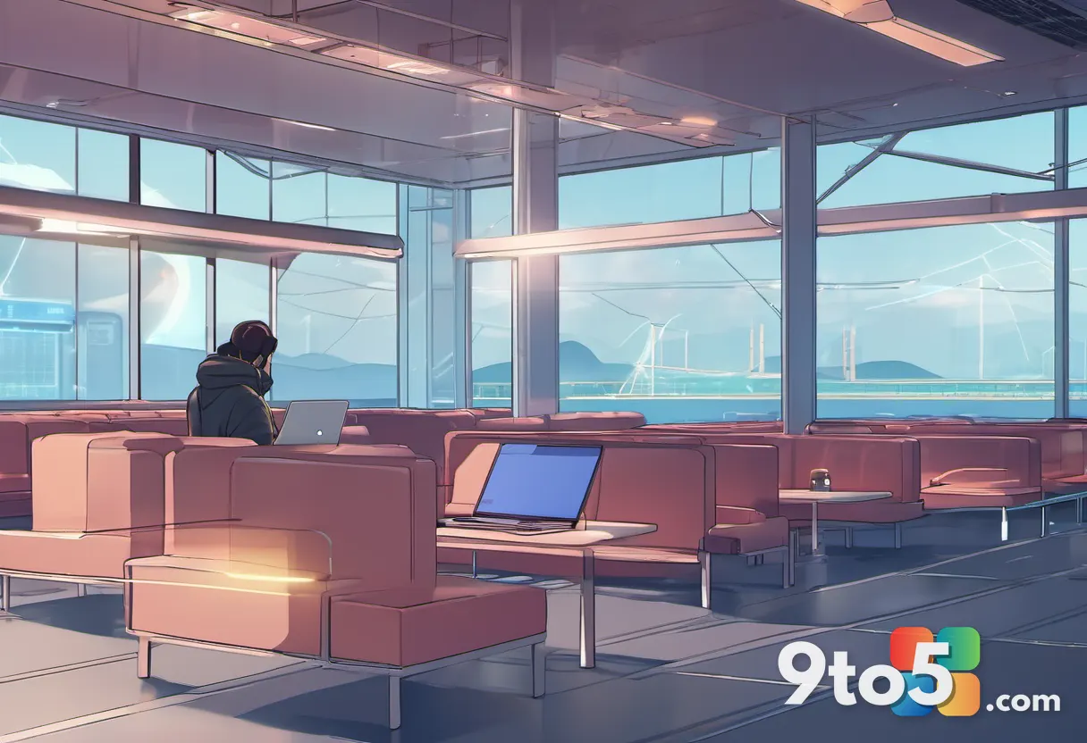 A traveler in an airport lounge connecting a laptop to public Wi-Fi, with a subtle glowing shield overlay representing e