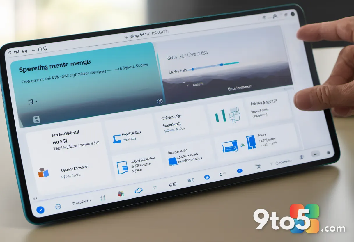 A close-up of a hand holding a tablet displaying a detailed Windows 11 settings menu, with soft natural lighting and a b