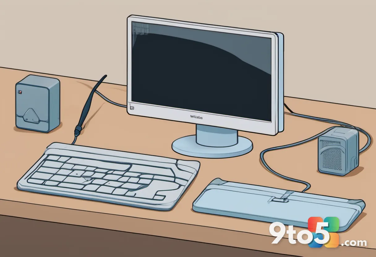 A sleek handheld gadget with a small LCD screen displaying a cartoon dolphin, resting on a wooden desk next to a coiled 
