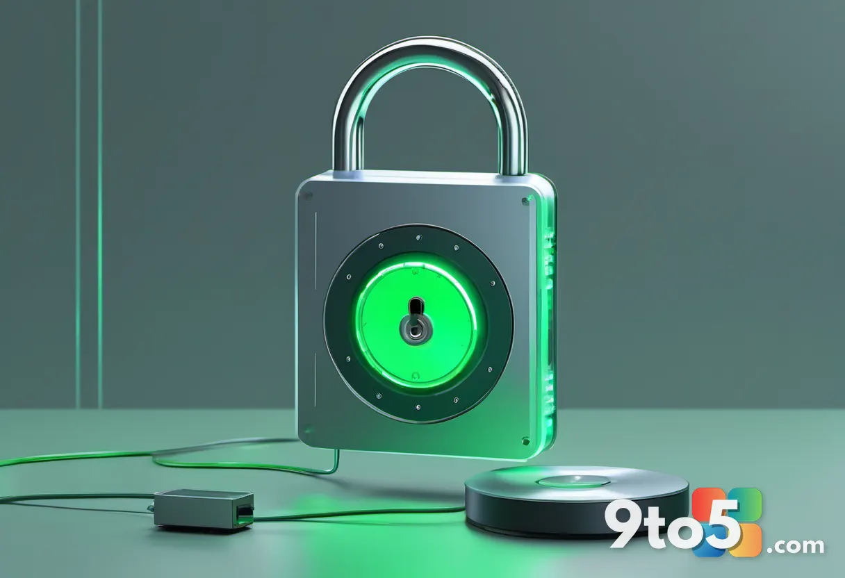 A stylized illustration of a hard drive being securely locked with a digital padlock, representing data erasure, cool gr
