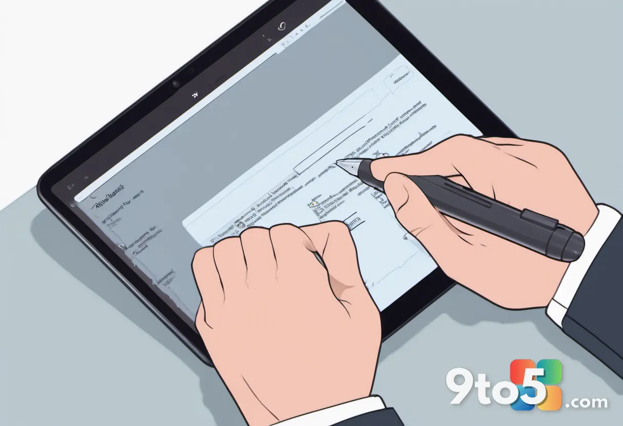 A close-up of a hand using a stylus to sign a digital document on a tablet, highlighting the e-signature feature.