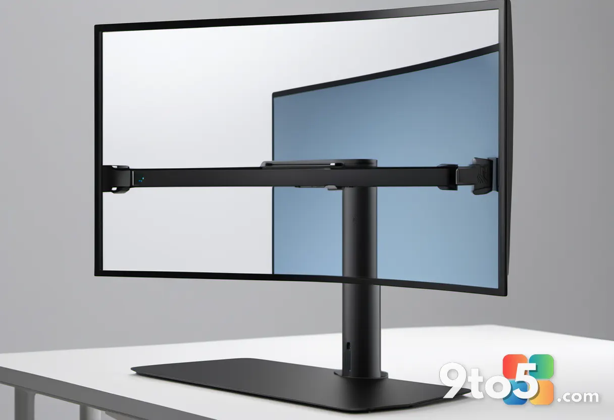Close-up of a monitor stand arm adjusting the height of a screen, highlighting VESA mount details.