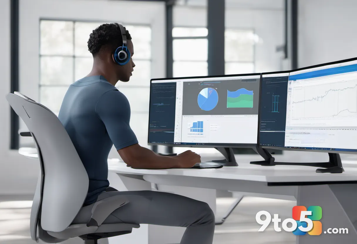 A person wearing a posture-correcting device while working at a multi-monitor desk.