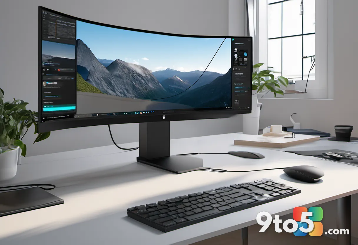 A clutter-free desk with cable management clips securing wires behind monitors.