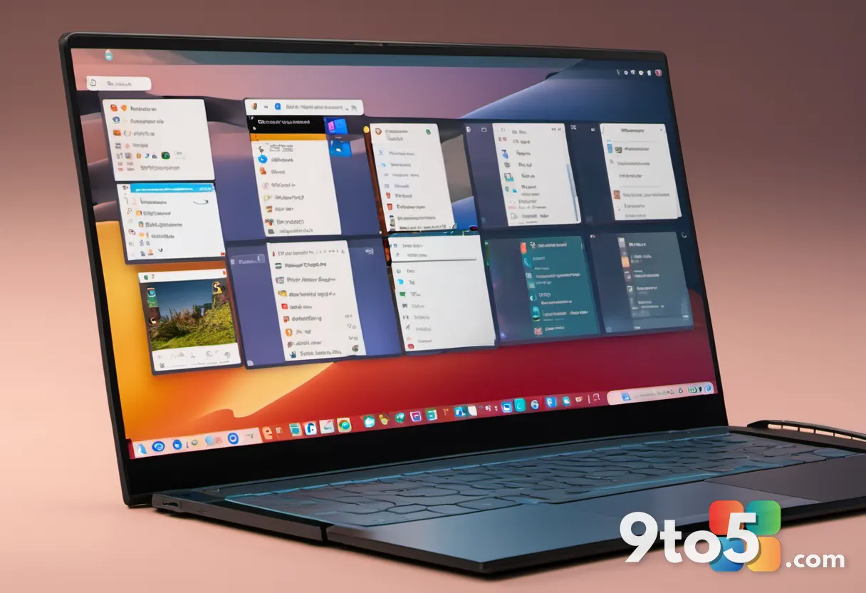 A Windows 11 taskbar along the bottom of a laptop screen showing several pinned app icons in a neat row, warm desk light