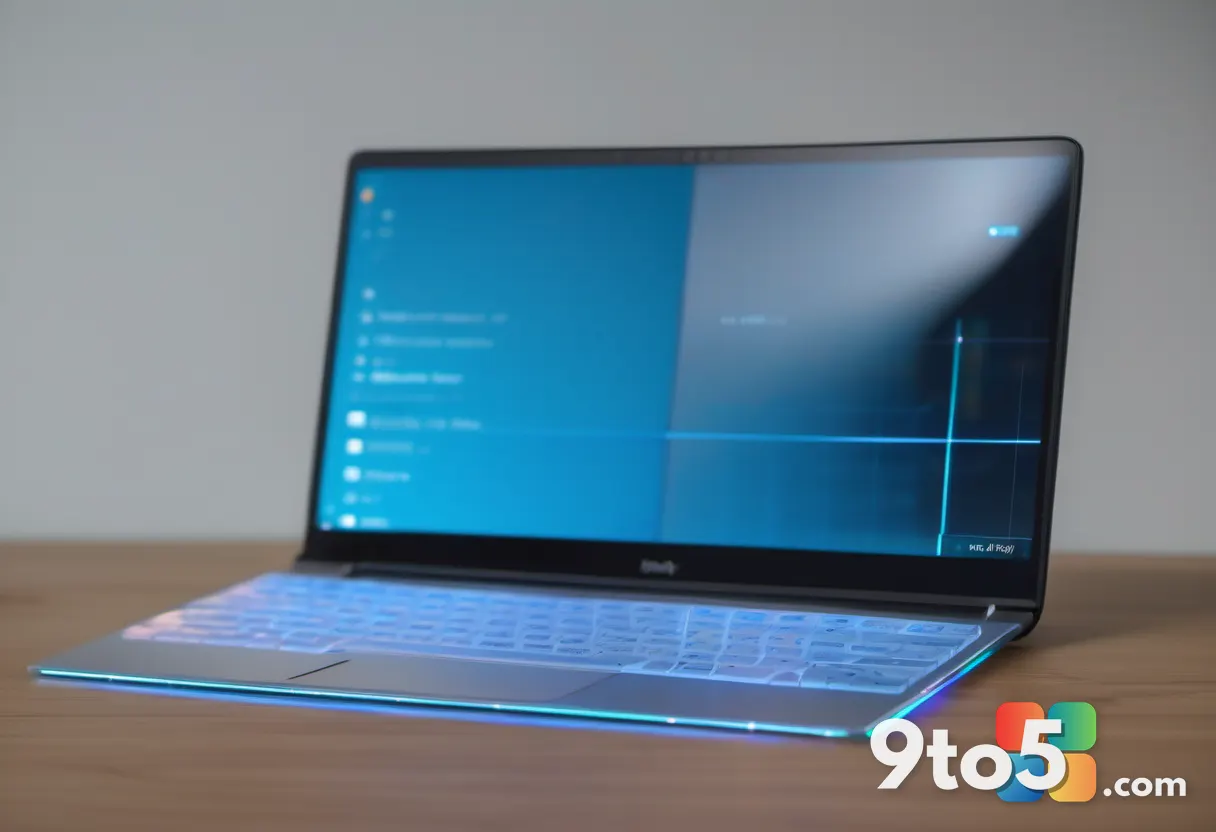A close-up of a modern laptop keyboard with a translucent holographic clipboard icon hovering above the keys, bathed in