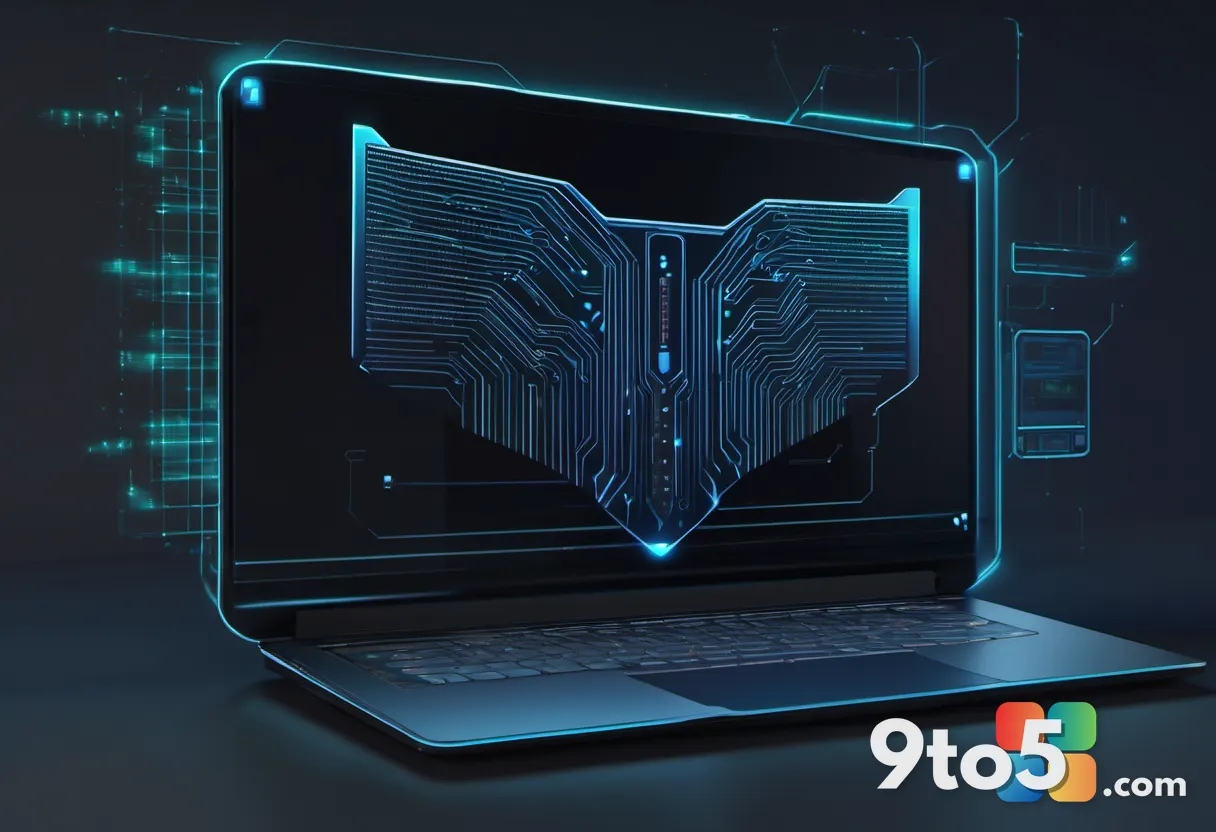 Illustration of a laptop with a glowing shield icon representing local data processing, dark background with circuit pat