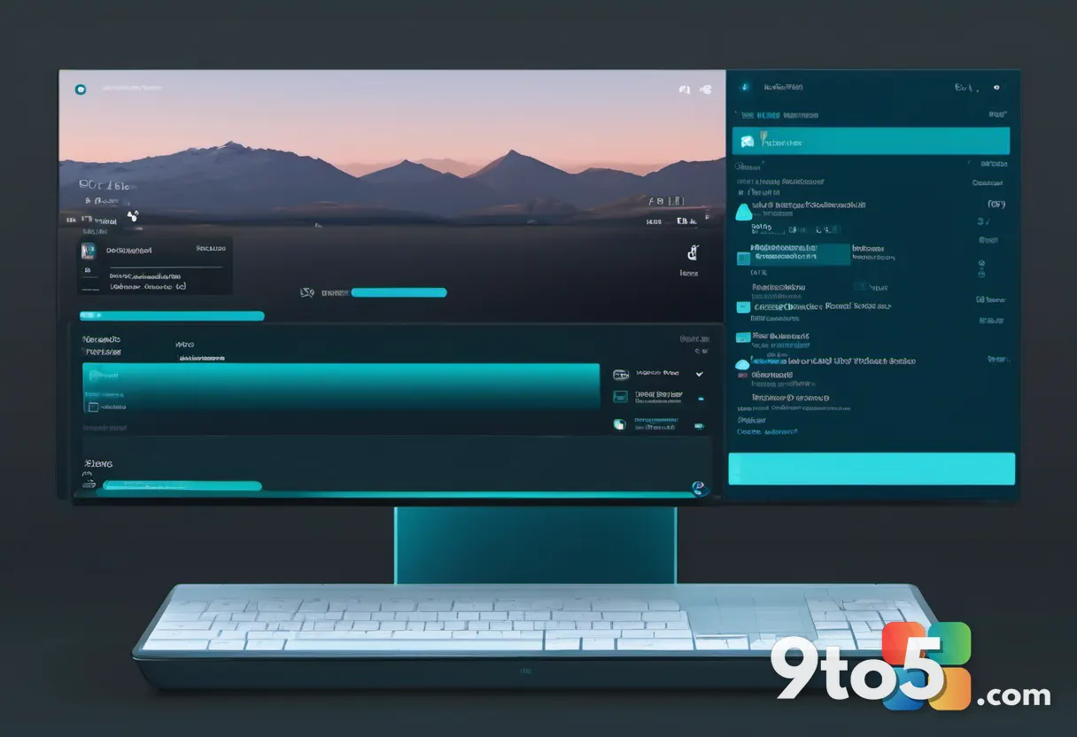 A stylized depiction of a search bar with AI sparkles and floating command icons, rendered in blue and teal on a dark su