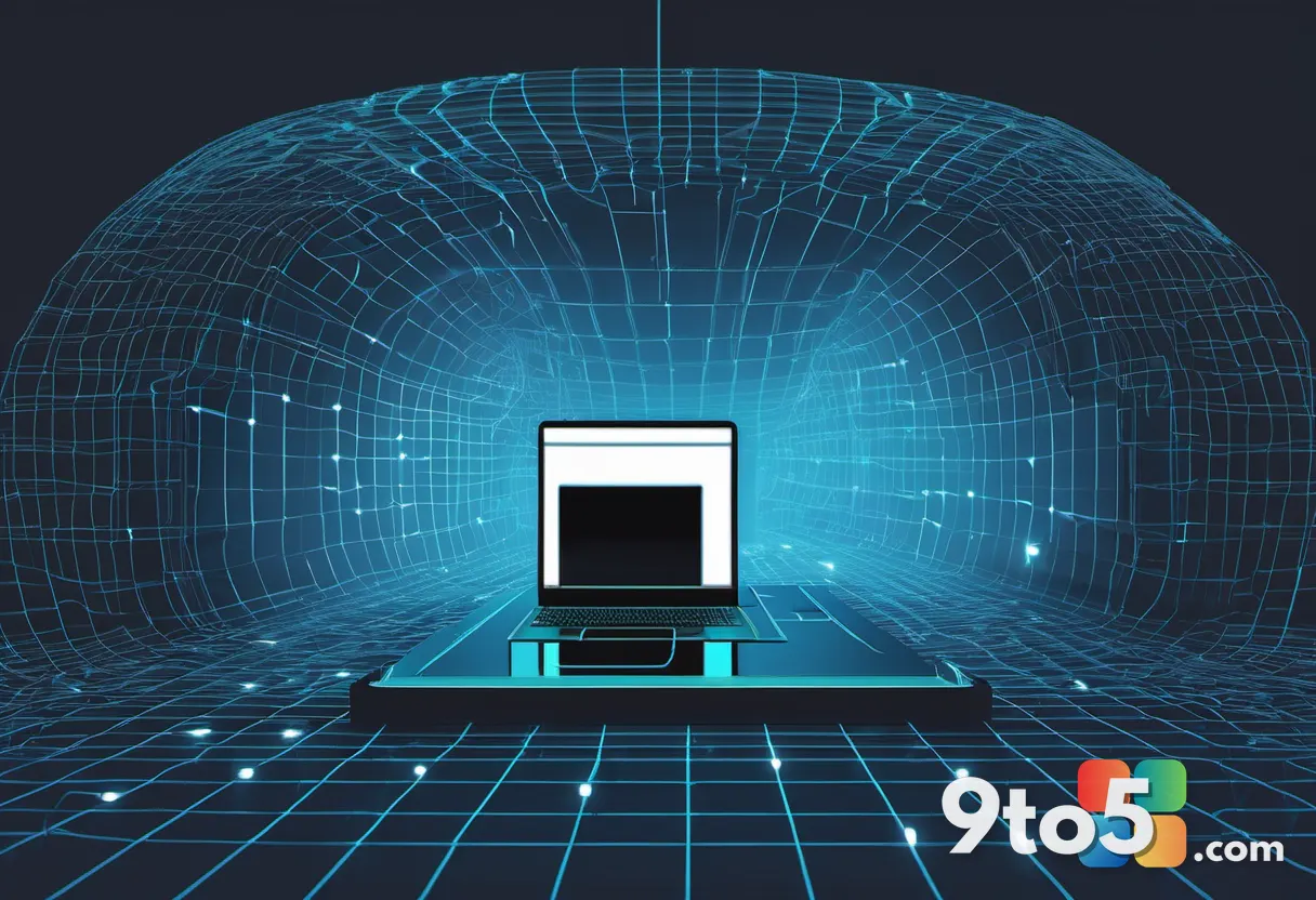 A digital illustration of a secure encrypted tunnel protecting a laptop, with a VPN server icon glowing blue in the dist