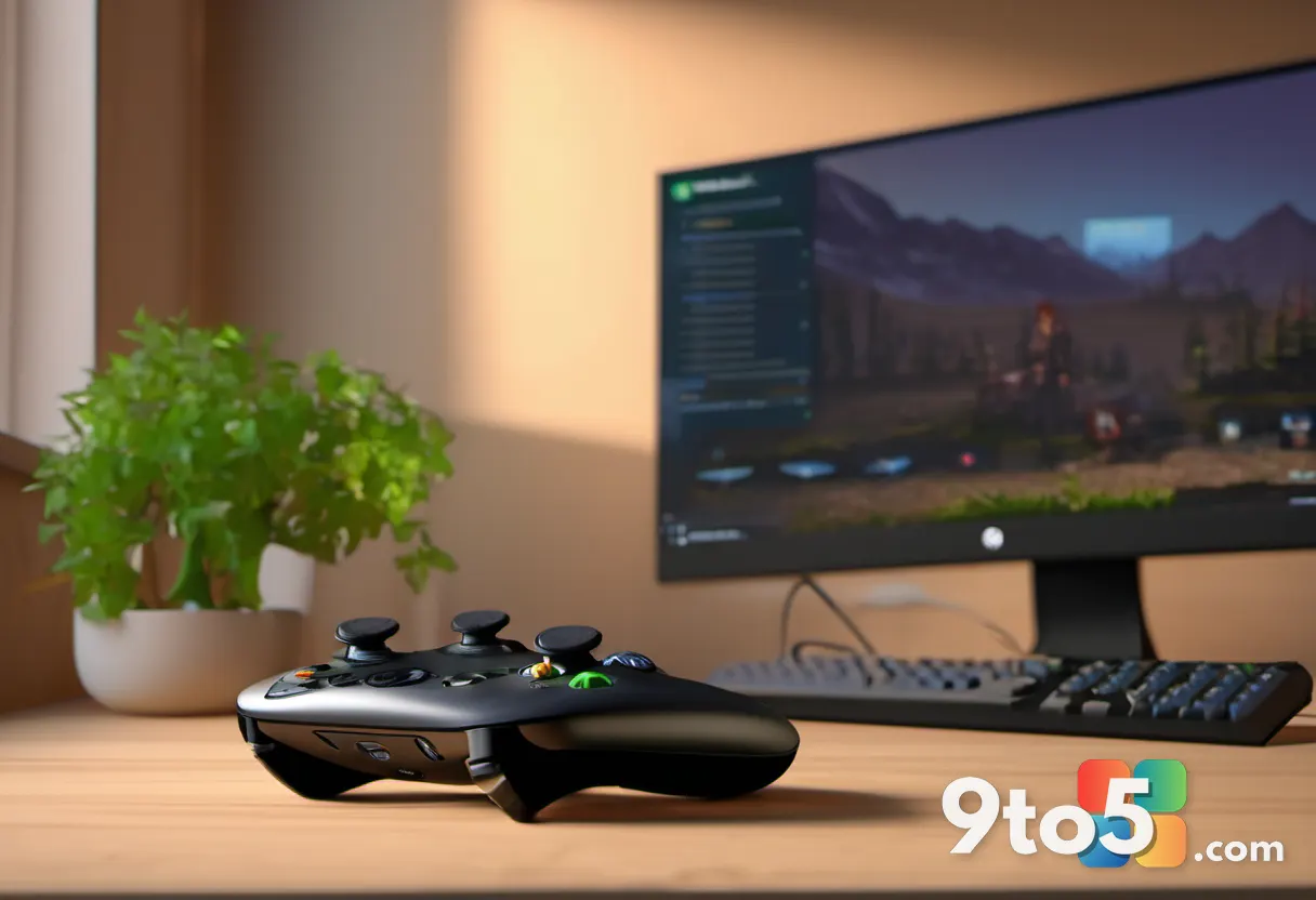 A close-up of a vintage 1996 PC game box standing next to a modern Xbox controller, both resting on a wooden desk with s