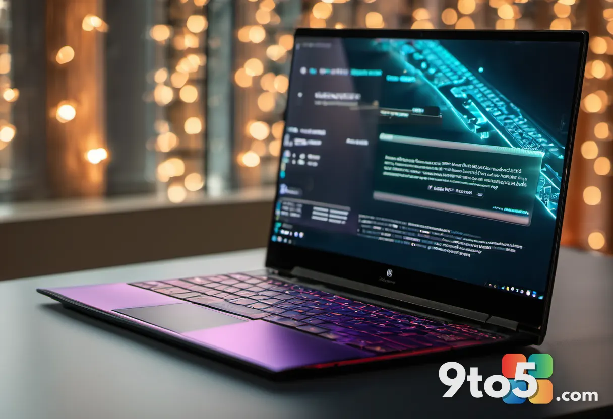 A close-up of a modern laptop keyboard with a glowing Qualcomm Snapdragon logo on the palm rest, shallow depth of field,