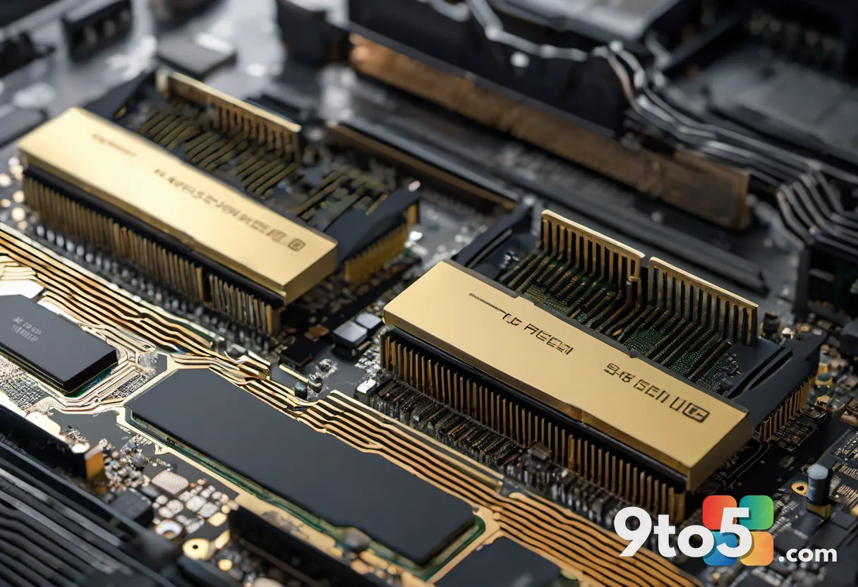 A detailed macro photograph of two RAM sticks seated in adjacent motherboard slots, highlighting the gold contacts and h