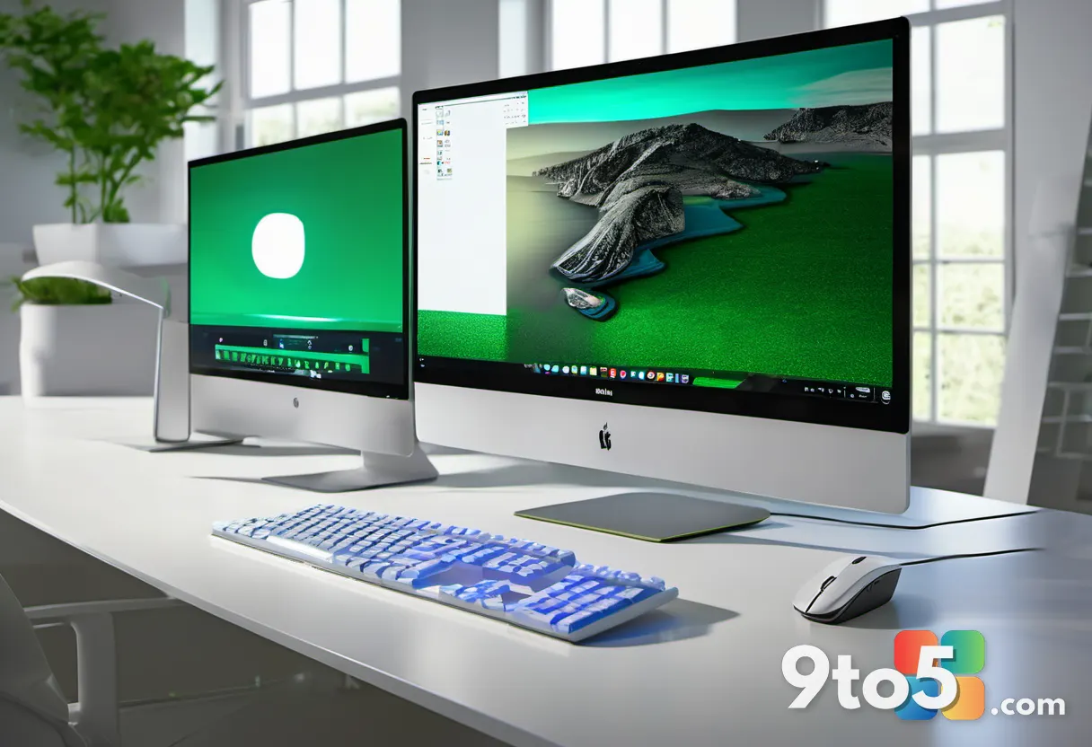 Wide shot of the keyboard on a clean white desk with a monitor and mouse in the background, showcasing the full TKL layo